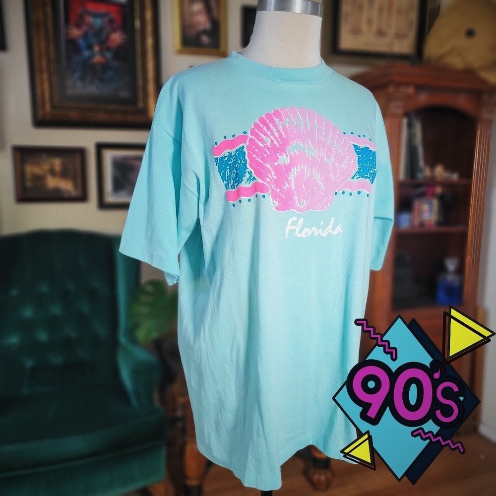 Vintage 90s Florida Shirt TNT Casuals Blue Pink Seashell Single Stitch Tee XL